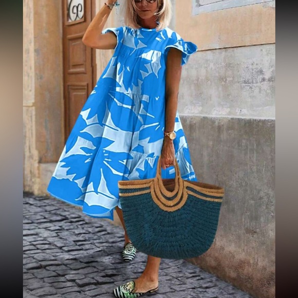 Boho floral tropical print ruffle hem vacation dress - Picture 4 of 10